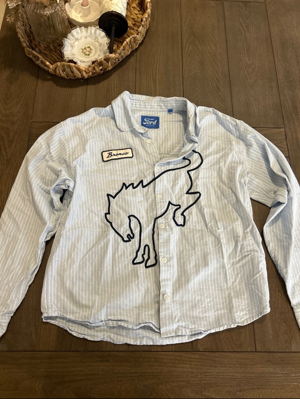 PacSun Light Blue & White Striped Button-Down with Navy Bronco Patch